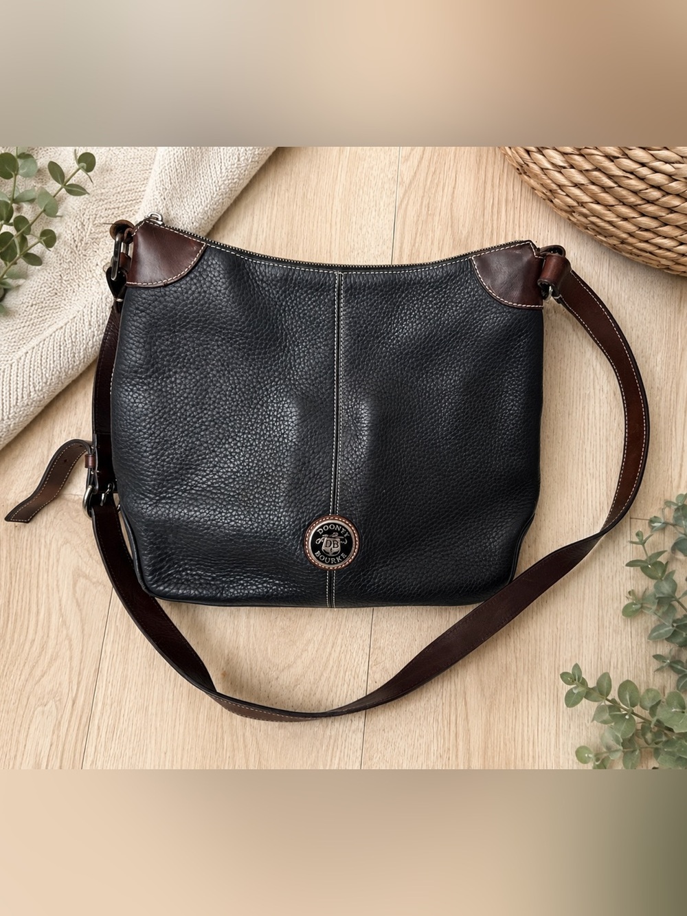 Dooney & Bourke Black Pebbled Leather Shoulder Bag with Brown Trim